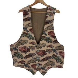 Vintage Tapestry Vest Classic Cars Antique Auto Print Military Crest Buttons L